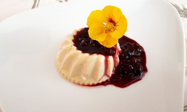Panacotta com açúcar de coco e frutos vermelhos