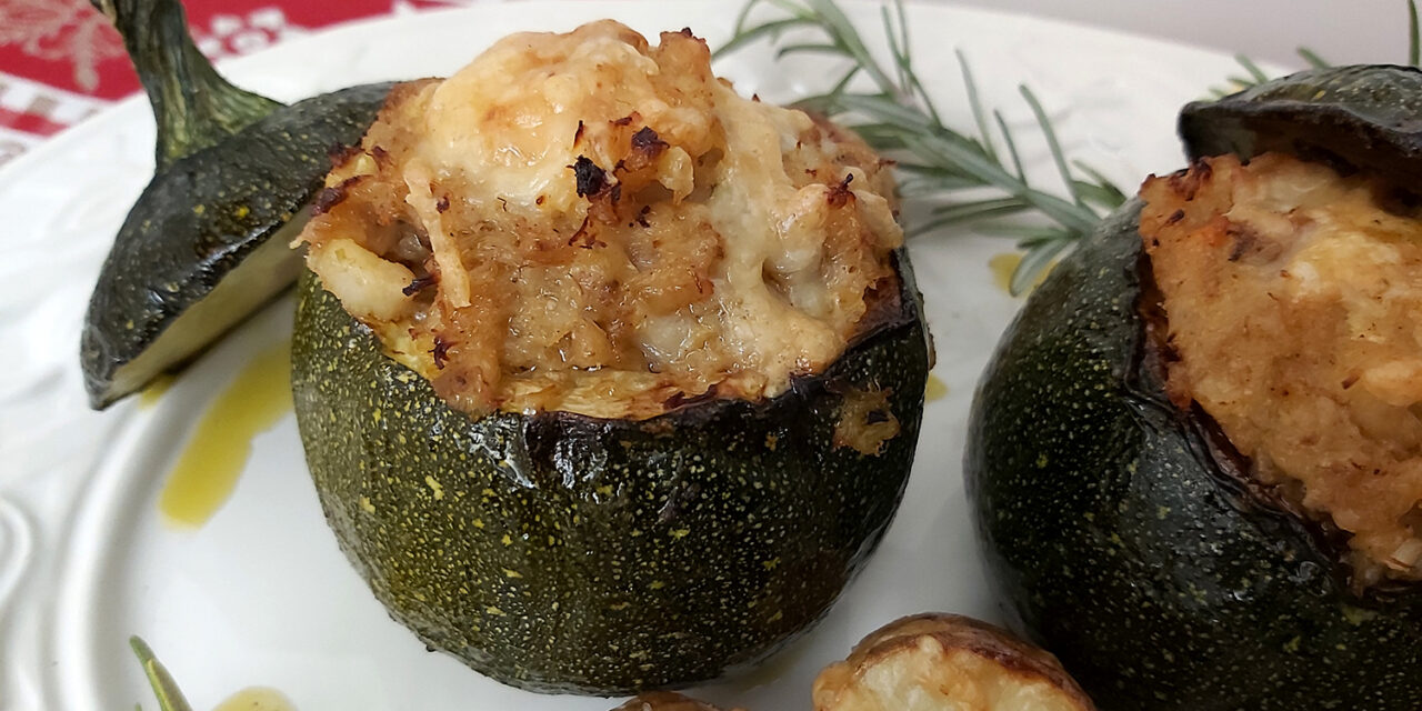 Courgettes recheadas com bacalhau e camarão