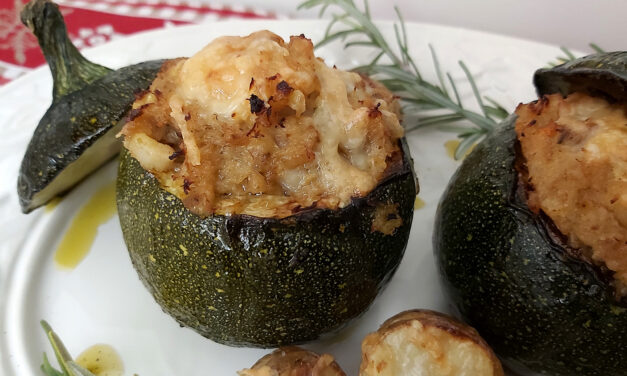 Courgettes recheadas com bacalhau e camarão